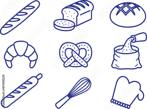 Bakery and bread icons set featuring baguette, croissant, pretzel, loaf, flour sack, whisk and oven mitt, blue line art vector illustration.
