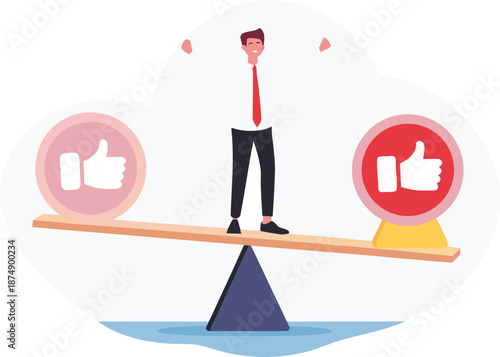 Demerit and merit evaluation, advantage and disadvantage in comparison, performance assessment, manager evaluation, judgment concept, businessman balance on seesaw with thumb up and thumb down.