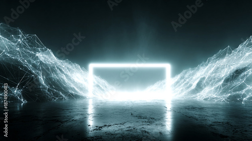 Dynamic Digital Network Mountain Landscape with Luminous Square Portal and Reflective Ground