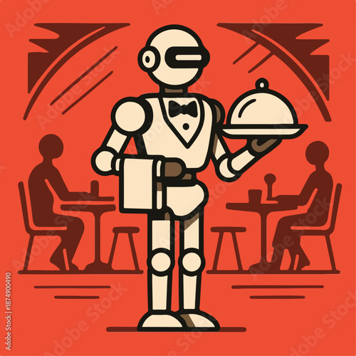 vector illustration of Robot waiter in futuristic restaurant on red background