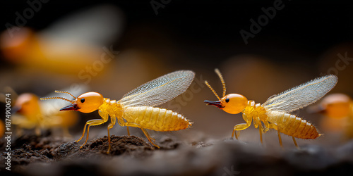 Macro Photography of A Swarm of Alates Termites with Translucent Wings and Amber Bodies Crawling