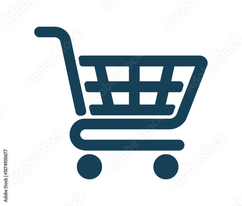 Shopping cart icon represents online purchasing and retail commerce.