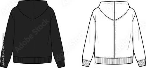 Hooded sweatshirt vector illustration showing back views in solid and outline styles for modern casual streetwear apparel design use