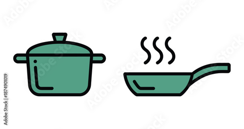 A cooking pot and a steaming frying pan represent kitchen utensils for.
