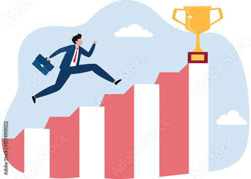 Take risk for opportunity to success, risky decision, determination or courage to overcome challenge concept, brave businessman winner jump over the cliff gap to reach success flag on other side.