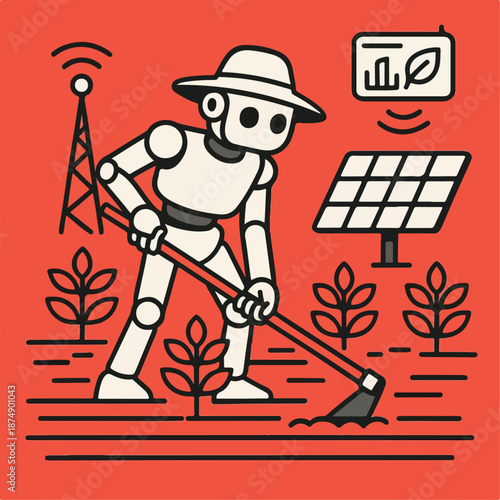 vector illustration Robot farmer in high tech field