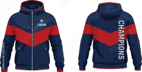 Men’s color block hooded zip jacket vector illustration with front and back views featuring branding for modern sportswear apparel design