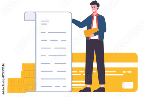 Credit card debt problem, overspend or shopping trouble, consumerism or buying addiction causing financial problem concept, hopeless man sitting with long list overdue bills on credit card.