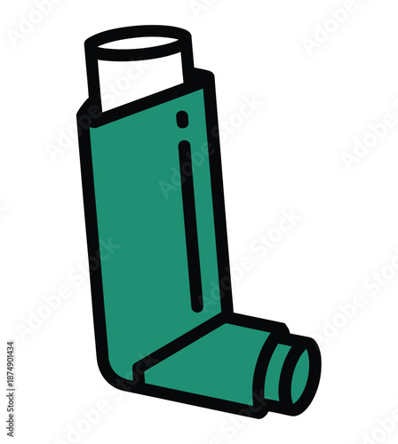 Green medical inhaler device rests isolated on a white background.