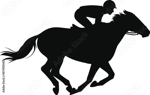 Horse racing silhouette with jockey, thoroughbred racehorse in motion, equestrian sport competition, speed and power, black solid vector illustrationHorse racing silhouette with jocke