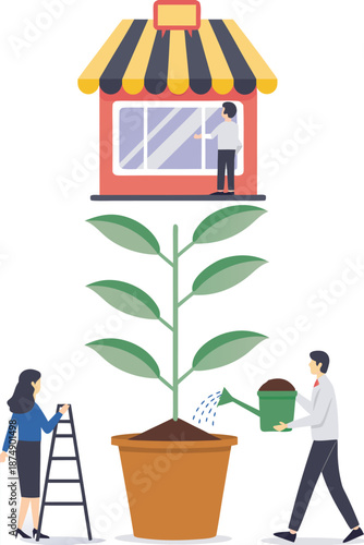 Franchise shop,business with growth tree.Real estate business promotional SME Flat vector illustration.
