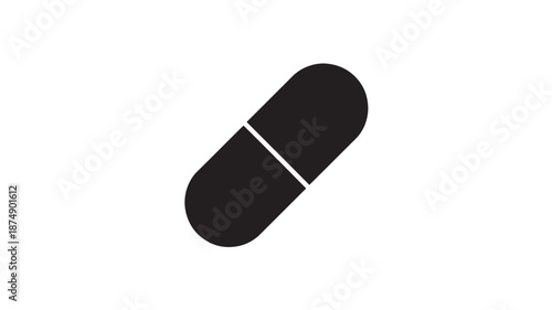 Black Pill Icon in Simple Flat Design with White Accent on Isolated White Background for Medical Symbol