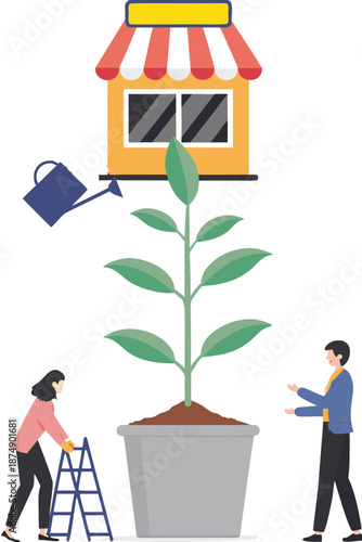 Franchise shop,business with growth tree.Real estate business promotional SME Flat vector illustration.