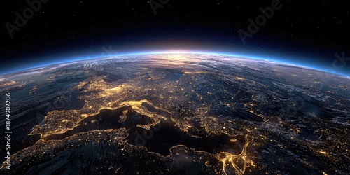 Orbital view of illuminated landmass on a dark night, showing the curvature with a subtle sunrise