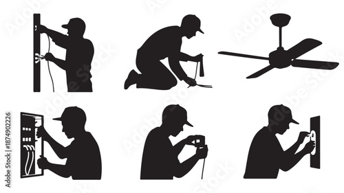 Electrician Silhouettes Installing Electrical Wiring, Panel, and Ceiling Fan Vector