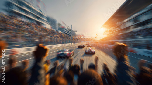 Race car speed motion blur racetrack sunset crowd cheering competition fast victory race car speed motion blur racetrack sunset crowd cheering