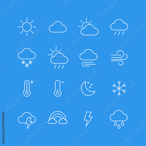 Set of simple weather icons in white line style on blue background