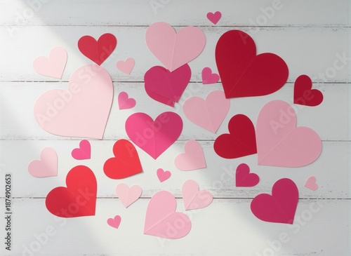Colorful paper hearts on white wood, arranged in a soft-lit Valentine’s Day flat lay