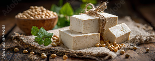 Tofu soy bean organic healthy vegetarian vegan protein rustic tofu block burlap with soy bean and herb leaf wooden table, natural food concept