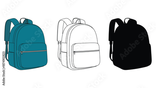 Three different style backpacks in blue, line art, and black silhouette