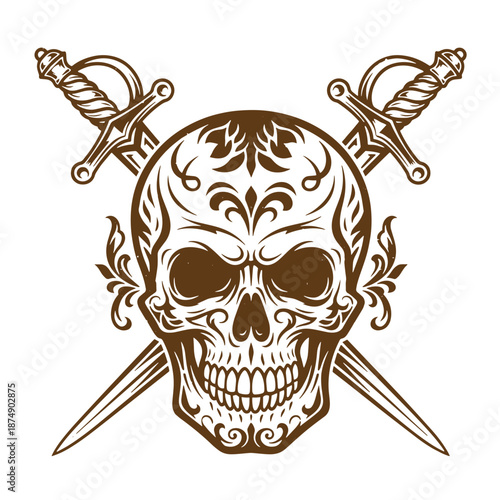 Drawing Vintage Brown sugar skull with crossed swords and floral designs on white background