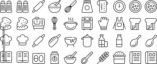 Set of black and white cooking and baking kitchen utensils