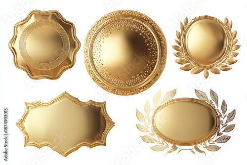 Gold badge gold label gold emblem gold medal gold frame gold wreath shiny metal luxury design elegant golden badge label emblem medal frame wreath