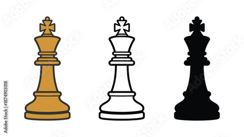 Three chess queens in different colors on a white background