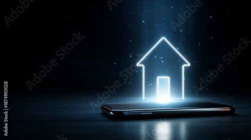 Smart home mobile phone house icon neon light technology dark background future innovation wireless network Smart home mobile phone house icon