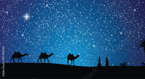 Three wise men journeying under starry night sky