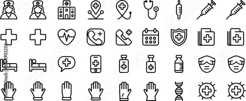 Set of black and white healthcare and medical nurse