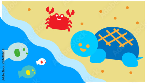海辺に集まる亀とかにのかわいいイラスト