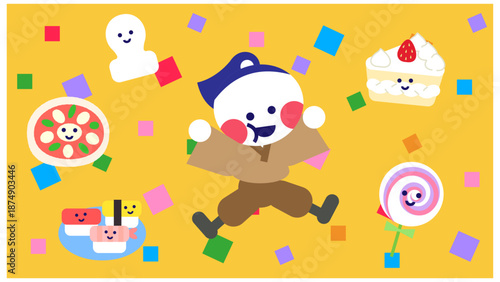 ごちそうに囲まれて喜ぶかわいいキャラクターのイラスト