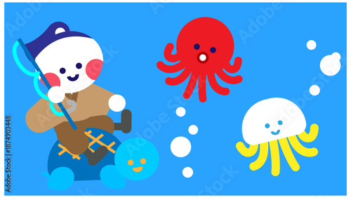 海の中で海の生き物たちと出会ううらしまたろうのかわいいイラスト