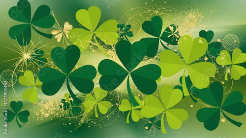 A vibrant green background adorned with an abundance of shamrocks and shimmering golden glitter creating a festive atmosphere.
