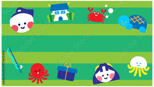 うらしまたろうと海の仲間たちのポップな背景イラスト