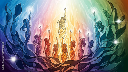 A group of women with arms raised are bathed in a spectrum of vibrant rainbow light emanating from above.
