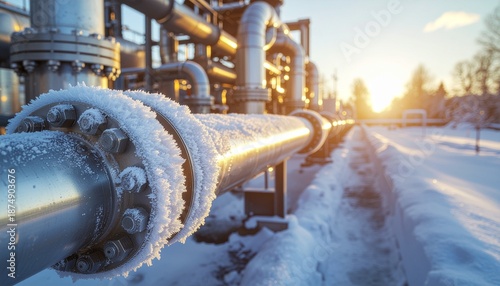 Industrial gas pipeline covered in frost and snow during a cold winter sunrise, with golden light reflecting on the metal pipes.