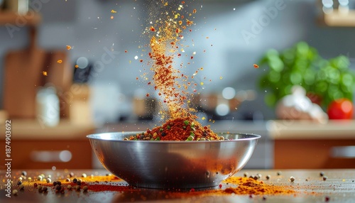 A vibrant mix of colorful spices falling into a metal bowl on a wooden kitchen counter, creating a dynamic culinary scene.
