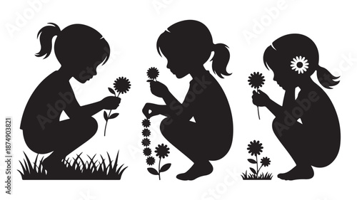 Young Girls Black Silhouette Crouching with Flowers Isolated on White