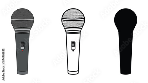 Three different microphones on a white background for music or podcasting