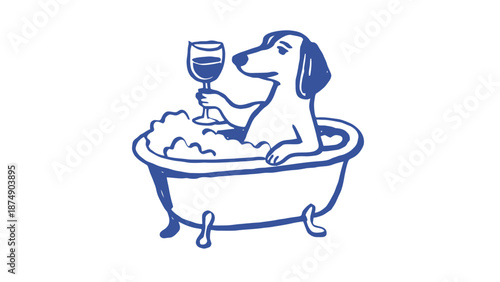 A dog relaxes in a bathtub with a glass of wine in hand