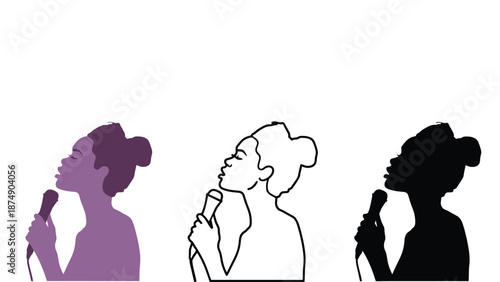 Three silhouettes of women singing into microphones in different colors