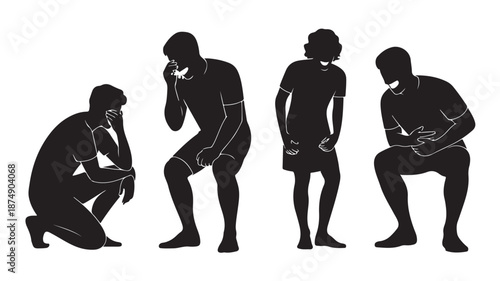 Sick People Suffering from Pain and Illness Symptoms Isolated on White Silhouette Vector