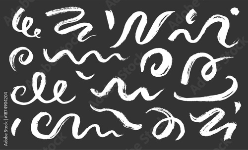 Hand painted brush stroke curves, chinese swirls, line calligraphy element set. Hand drawn chinese brush paint stroke swish, swoosh wave grunge textured doodles on chalkboard. Vector