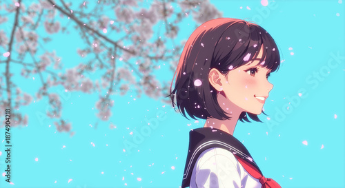 春・風に舞う桜の花吹雪・花びら　風に向かい空を見上げ髪をなびかせる女子学生・女の子の横顔　日本の入学・卒業・新生活・希望　テキストスペースと青い背景　アニメ・漫画タッチ
