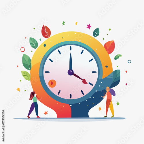 Symbolic vector art representing time and self-awareness, with an abstract clock and human figures promoting mindful moments