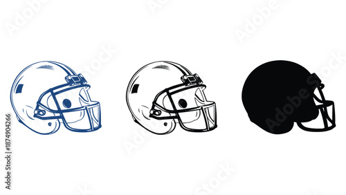 Three different colored football helmets side by side on a white background