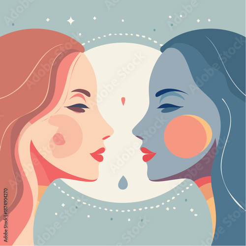 Symbolic vector art of two profiles facing each other, representing balance and duality with an abstract clock motif