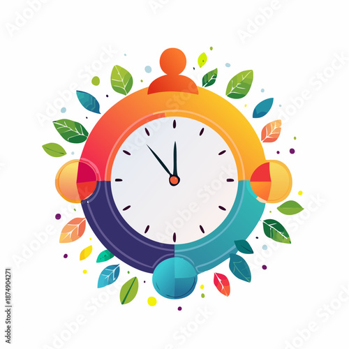 Abstract clock symbolizing time and personal growth, surrounded by vibrant leaves and a human figure, representing self-awareness and progression